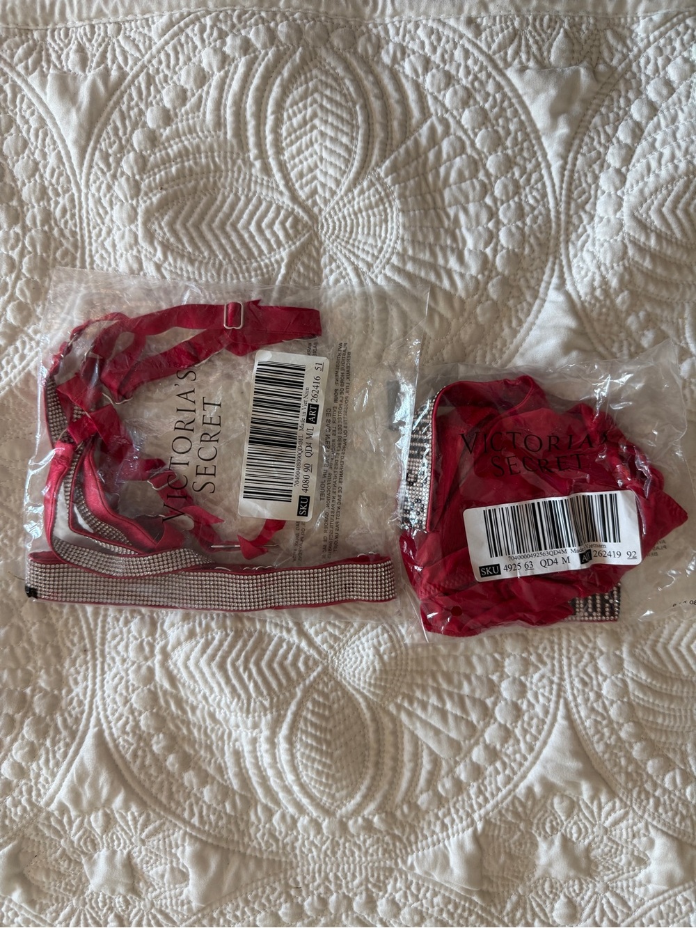Victoria's Secret Red Rhinestone Trim Lingerie Set Thong and Garter Belt